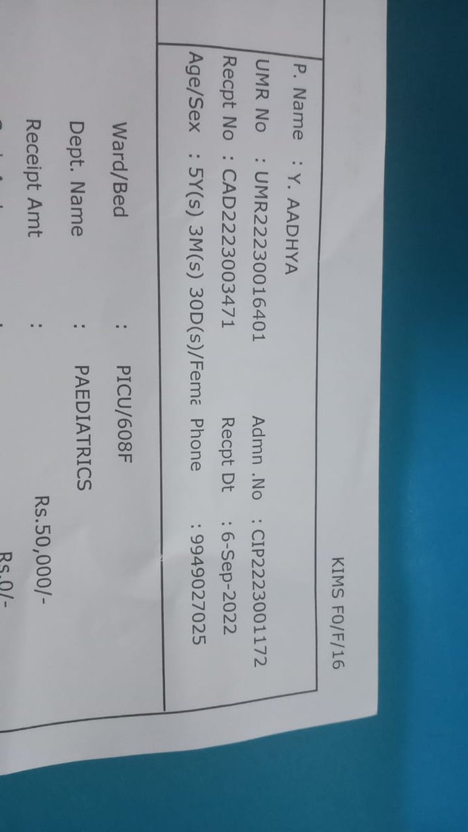 Rakesh_Offcl's tweet photo. Dear @KTRTRS Garu Please Help Little Child Adhya 4.5 years of Age D/o Yada Ramakrishna, Garmillapally, Hanmakonda Dist. She has been suffering from severe pneumonia with sepsis. Her lungs are completely failed and she is on ECMO support for the last 2 days. 
🙏🙏🙏🙏🙏 https://t.co/2GIv1PuHmC
