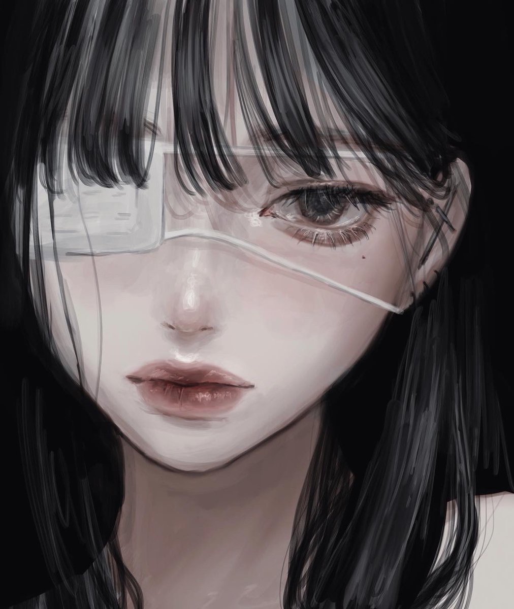 1girl solo eyepatch black hair mole black background looking at viewer  illustration images