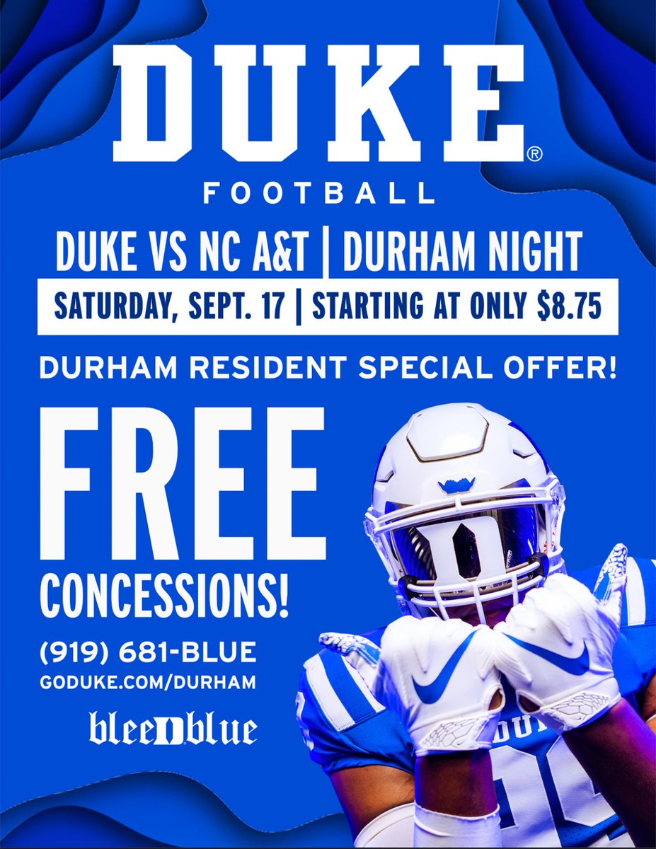 Duke_DCA's tweet photo. Get your Duke-Durham Day football game tickets! Discounted tickets and free concessions for local residents. Duke vs. NC A&amp;T Sept. 17. We can't wait to see you there! #DukeinDurham https://t.co/rMcZubzK9E