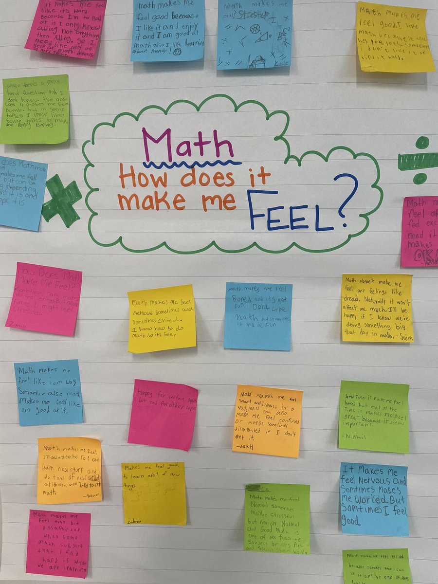 sajefferson1's tweet image. Let’s be honest… ➗✖️➖➕🟰Math brings up FEELINGS for most of us! Excitement, frustration, pride, or stress… 😊😔😫🥰🥳 they are all VALID and real. 6-2 is ready to create a Math safe space for all by supporting one another. @HDSBMath @DesmondHDSB #Grade6VIO #mathfeelings
