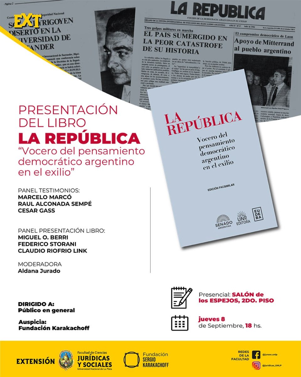 clauriof's tweet photo. Hoy jueves presentación del libro #LaRepública Vocero del pensamiento democrático en el exilio. #facderecho #unlp Seguimos contando historias no contadas. @EdEudeba @hipolitosy @ppiccato @CeciPW @UcrRepublica https://t.co/hdonmHeMrL