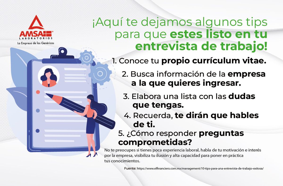 ¡Aquí te dejamos algunos tips para que estés listo en tu entrevista
de trabajo!
#AMSALaboratorios #SomosAMSA