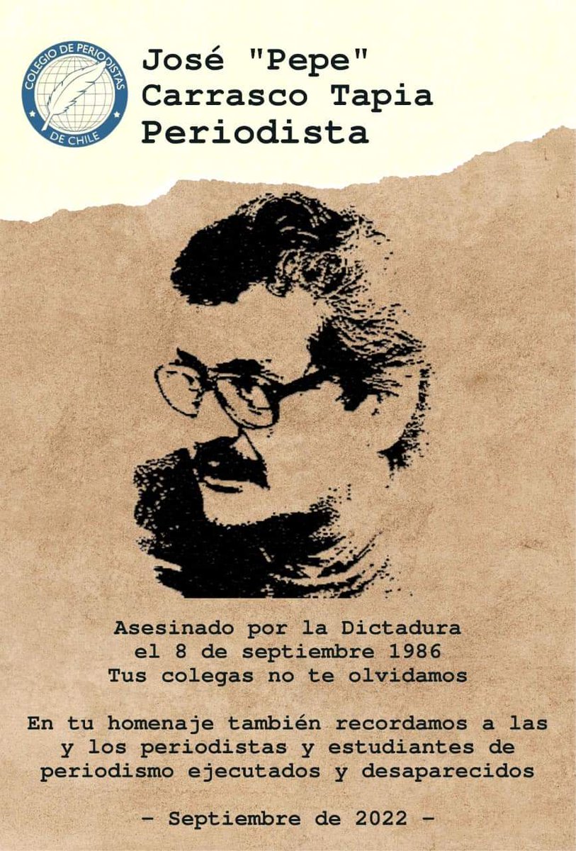 Periodistas_RM's tweet photo. 😔 A 36 años del asesinato del periodista y dirigente del Colegio de Periodistas, Pepe Carrasco, sus colegas lo seguimos recordando y a través de su figura recordamos también a todos los y las periodistas víctimas de la dictadura. 

¡Pepone siempre en nuestra memoria! https://t.co/7akl9CBiLR