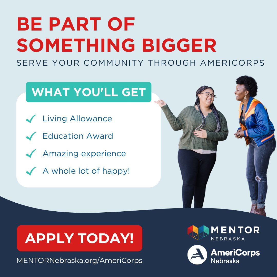 MENTORNebraska's tweet photo. 👋 OH HI, FUTURE YOU …

Ready to make a real difference, learn a ton, and even get paid a living allowance? @AmeriCorps &amp; MENTOR Nebraska have a rockstar role available for college students and recent grads!

Learn more &amp; apply ➡ https://t.co/EYLQcR9DXc https://t.co/pWUnQGBbMI