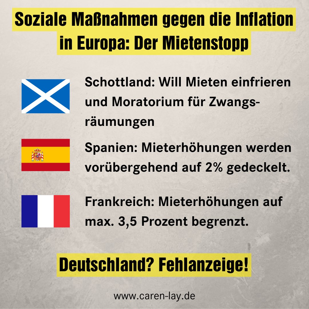 CarenLay's tweet photo. Nach #Spanien ziehen Länder nach: #Schottland will die #Mieten einfrieren und #Zwangsräumungen aussetzen, #Frankreich hat #Mieterhöhungen auf 3,5% gedeckelt (auf d. Land: 1,5 %, Übersee 2,5 %). Wann kommen bundesweiter #Mietenstopp und #Kündigungsmoratorium endlich auch bei uns?! https://t.co/N96PlHyB4y