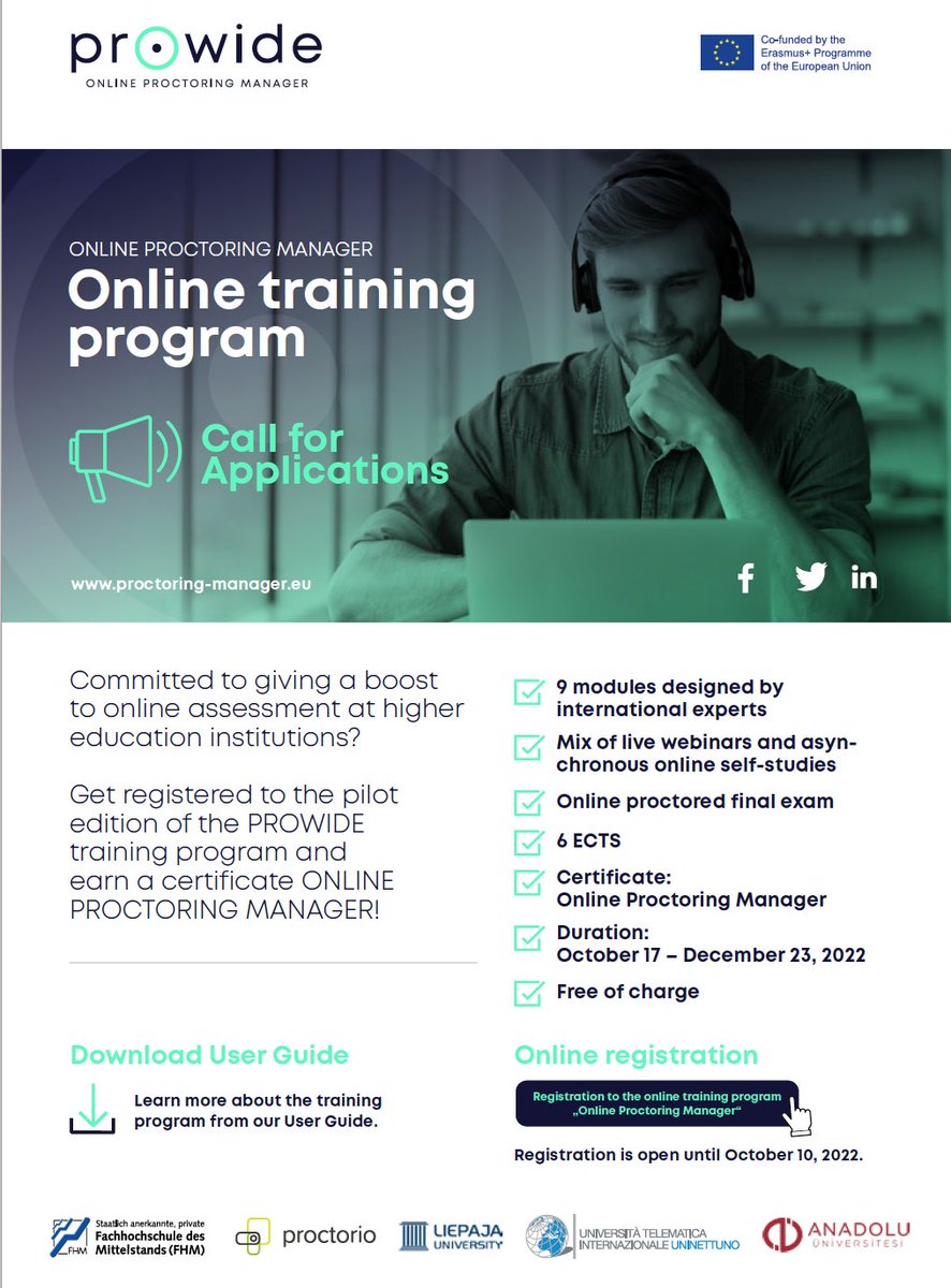 PROWIDE4's tweet photo. Committed to giving a boost to online assessment at your university? Get registered to the pilot edition of the PROWIDE training program and earn a certificate ONLINE PROCTORING MANAGER!
Learn more under https://t.co/H2y6KKVvc6 https://t.co/g9K1f9HPEy
