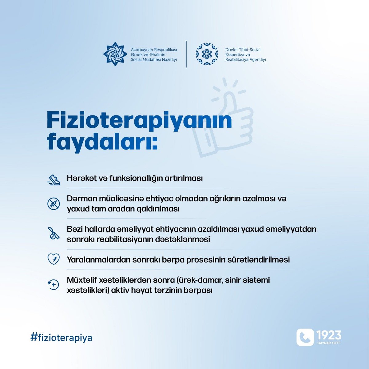 saglmmmdv's tweet photo. 8 sentyabr - Ümumdünya #Fizioterapiya Günüdür. 

@sosial_gov_az tabeliyində #DTSERA-nın #reabilitasiya müəssisələrində əlilliyi olan şəxslər reabilitasiyanın yeni #biopsixososial modelinə uyğun müasir və effektiv metodlara əsaslanan #fizioterapiya xidmətləri ilə təmin edilirlər. https://t.co/YsRkdkbXUy