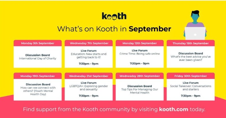 SocialPrescribe's tweet photo. Kooth supports mental health and wellbeing of young people (Plymouth 11-19yr olds, Devon 11-25). It provides free, safe and anonymous digital mental health and wellbeing support including forums, podcasts and discussion boards.
Sign up here https://t.co/sBOpfjiI1a https://t.co/I8HgDcs4sP