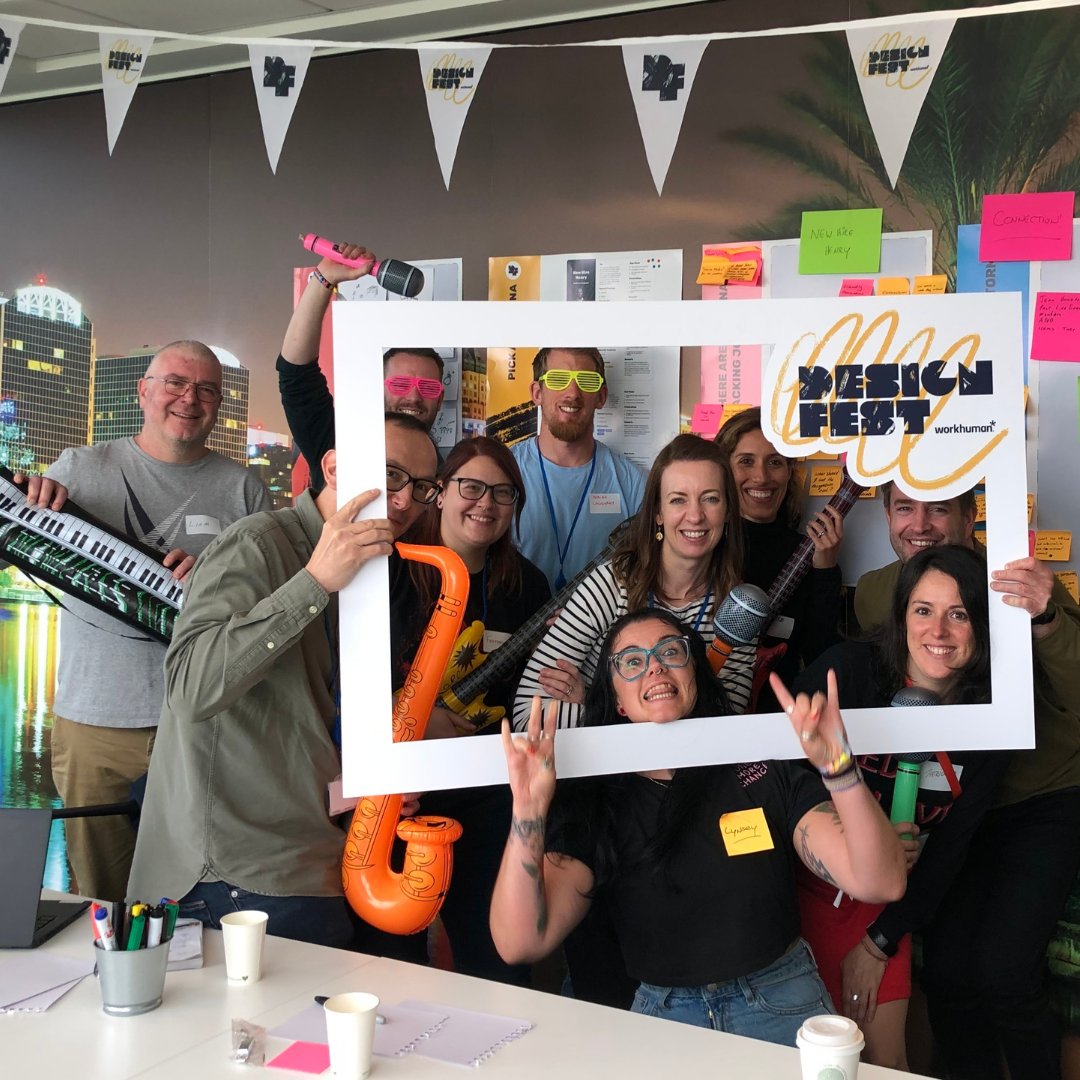 Workhuman's tweet photo. Our UX team hosted Design Fest, a one-day, festival-themed event where teams met for 4 hours, partnered with a designer, and brainstormed how to spark more joy into our product. 🤘🎸🔥💥

#lifeatWorkhuman https://t.co/2ClL4z52MO
