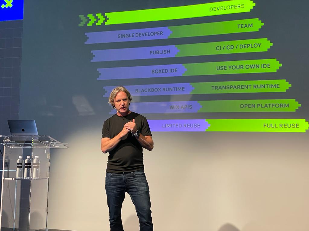 Wix's tweet image. “Wix is the only platform in the world combining a visual designer, IDE, frontend and backend code and a database to build a reusable application.”

Keynote speaker @yoavabrahami at #WixDevCon2022, giving a comprehensive overview of where the Wix developer experience is headed.