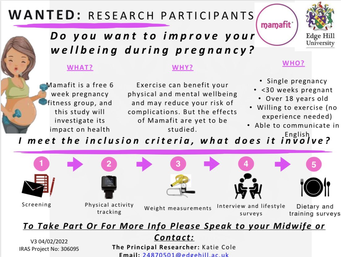 We are working with @sthk_research & @LiverpoolWomens to investigate the impact of @Mamafit_UK on #maternalhealth If you are >18, <30 weeks pregnant (single pregnancy) interested please contact Katie for more info 24870501@edgehill.ac.uk
