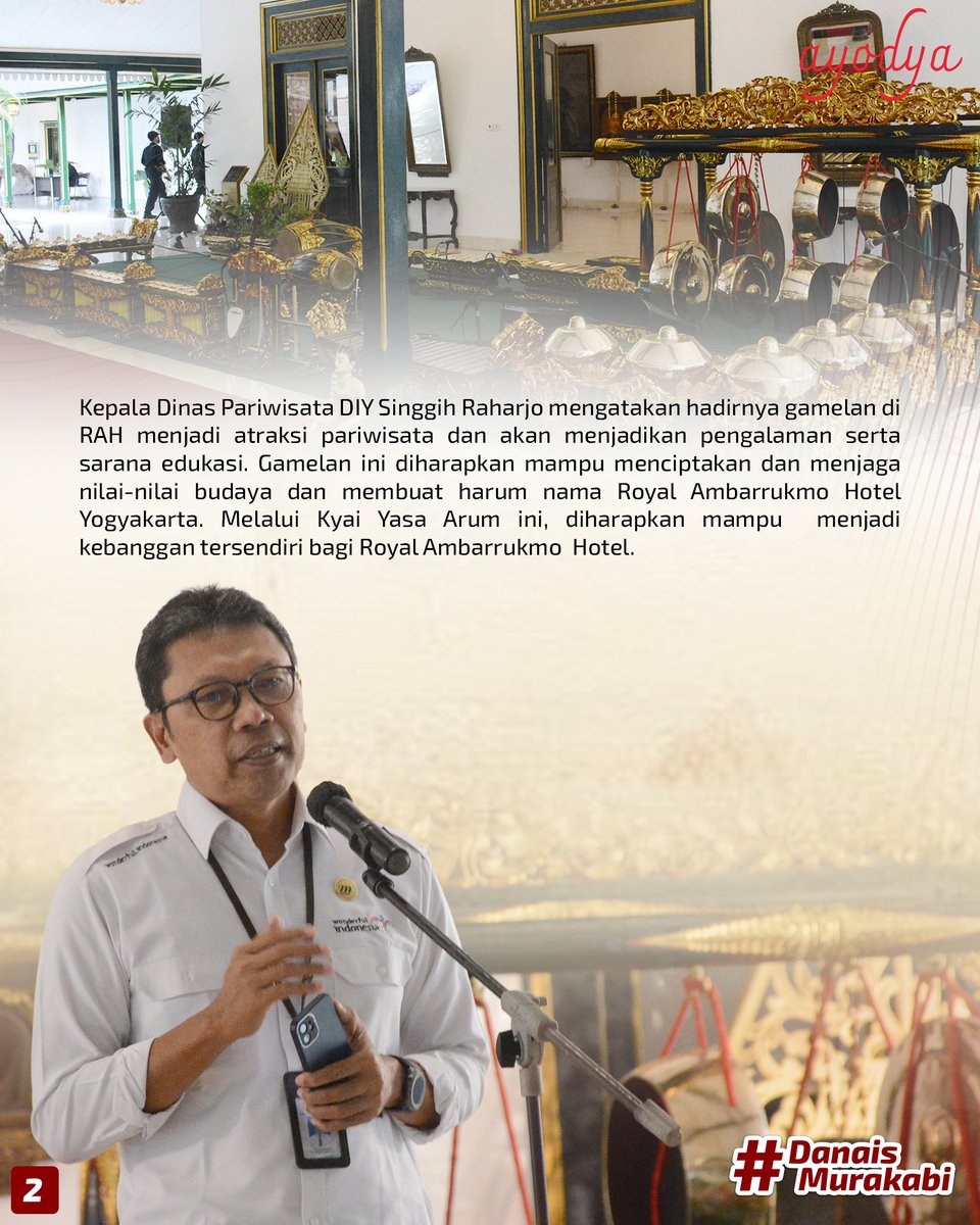 humas_jogja's tweet photo. Kepala Dinas Pariwisata DIY Singgih Raharjo mengatakan hadirnya gamelan di RAH menjadi atraksi pariwisata dan akan menjadikan pengalaman serta sarana edukasi. #Gamelan #VisitingJogja #JogjaIstimewa #RoyalAmbarrukmoHotel #DisparDIY #UUKeistimewaanDIY https://t.co/QUI7q497tG