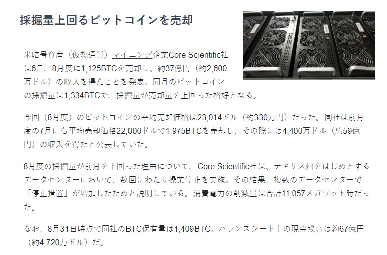 採掘大手Core Scientific、8月度は37億円相当のビットコインを売却 
#BTC  #仮想通貨