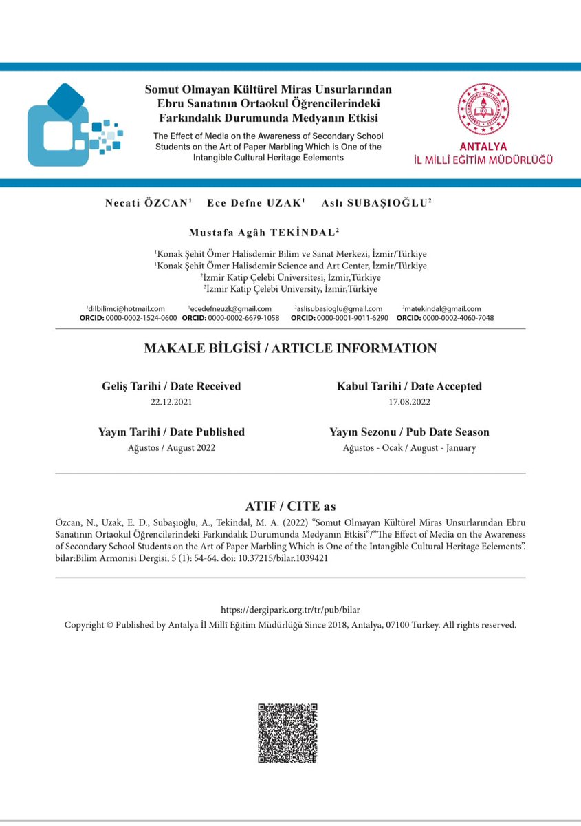Öğrencimiz Ece Defne Uzak'ın Türk dili ve edebiyatı alanında yayımlanan araştırma makalesi: dergipark.org.tr/tr/pub/bilar/i…
Öğrencimizi tebrik ediyor, çalışmalarında başarılar diliyoruz...
@BilsemMeb 
<a href="/izmir_ilmem/">İzmir İl Milli Eğitim Müdürlüğü</a> 
<a href="/konak_ilcemem/">Konak İlçe Milli Eğitim Müdürlüğü</a>