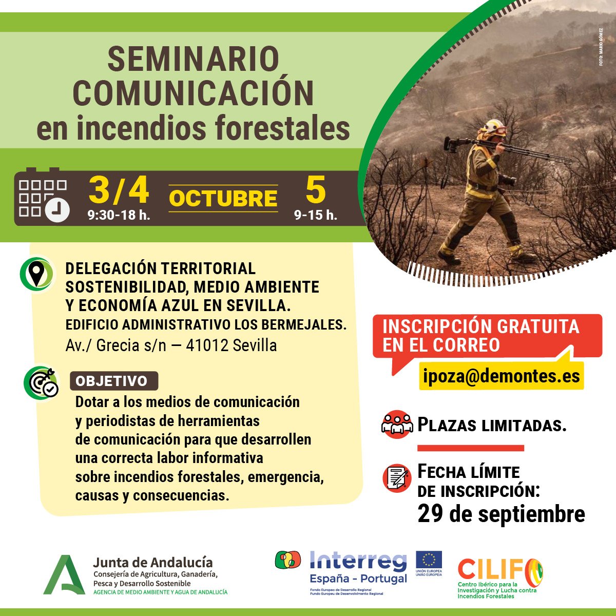 CILIFO_UE's tweet image. #CILIFO_UE organiza en la primera semana de octubre un seminario de comunicación en incendios forestales 🔥.  

📍 Sevilla. 2 jornadas presenciales con ponentes de primer orden y 1 salida a la zona incendiada de #LasPeñuelas en 2017.

¿Te interesa? 
👇