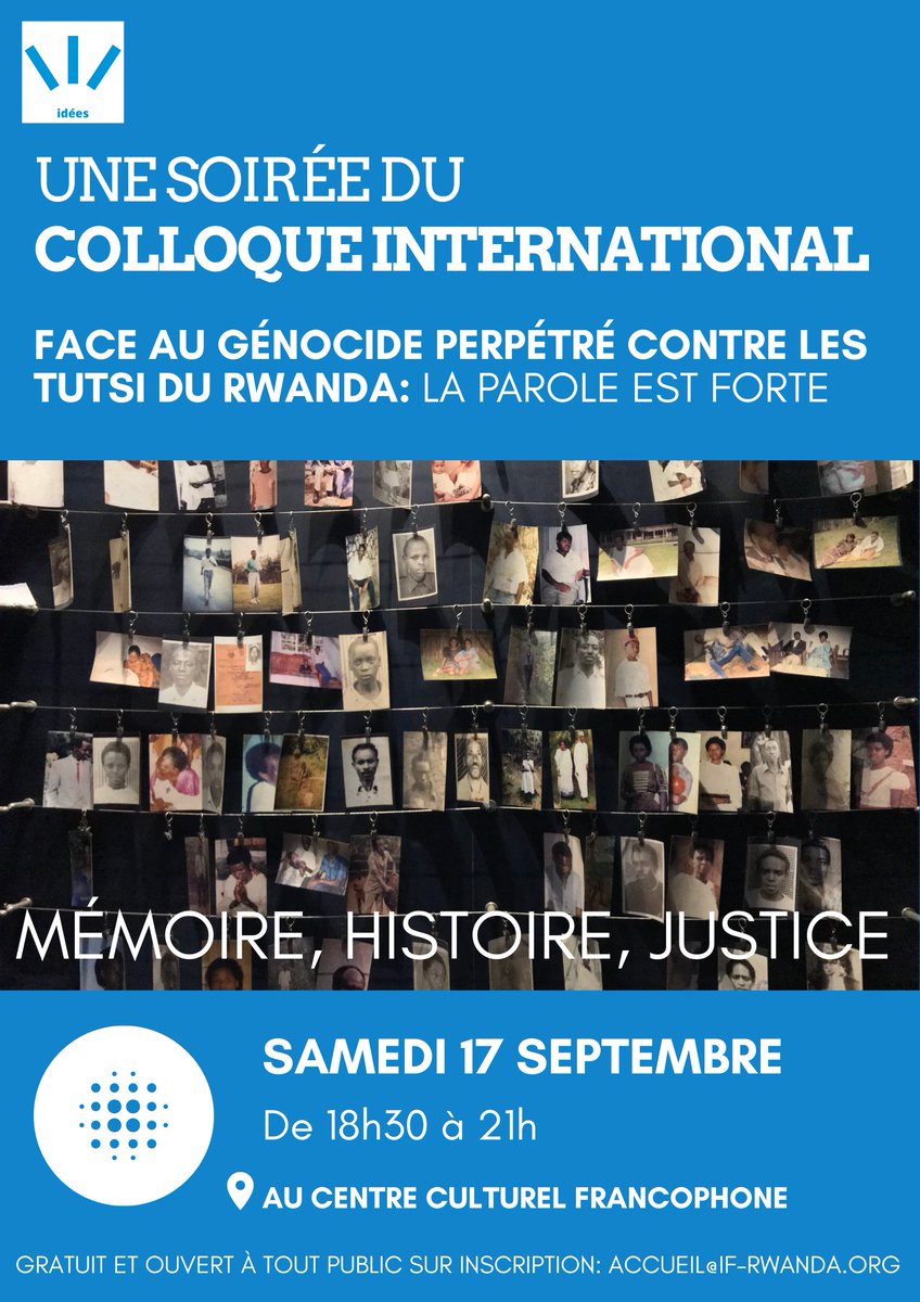 Avez-vous réservé votre place pour la soirée du #colloque international de #VincentDuclert? 👥

Il est encore temps de le faire ici: accueil@if-rwanda.org ⚠️

📅 Samedi 17 septembre
🕘 18h30
📍 <a href="/IF_Rwanda/">Institut Français du Rwanda</a> 
💸#Gratuit

<a href="/ambafrancerwa/">Ambassade de France au Rwanda 🇫🇷🇪🇺</a> #rapportDuclert
