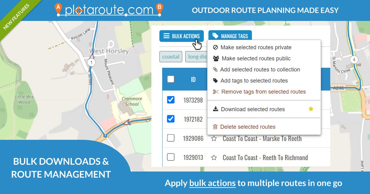 plotaroute's tweet image. Latest upgrade of @plotaroute adds &quot;Bulk Downloading and Route Management&quot;. You can now apply selected actions to more than one route at the same time, making it quicker and easier to download and manage your routes. More at: plotaroute.com/news #MakingRoutesMadeEasy