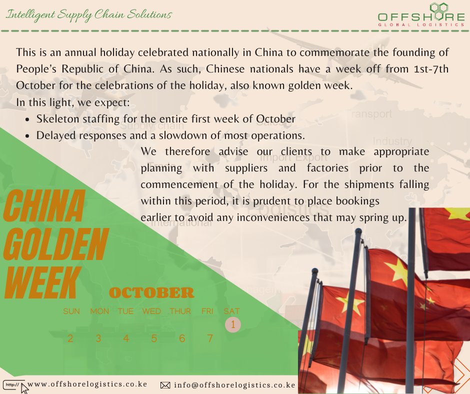OffshoreGlobal2's tweet photo. China's Golden Week is around the corner. China national's will be off work as from 1st-7th October.
For those in #logistics &amp; #SupplyChain  industry,it is prudent to start planning for shipments and placing bookings, prior to commencement of the holiday so as to avoid any delays https://t.co/02laPQGdQy