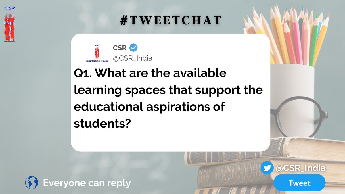 CSR_India's tweet photo. @Minister_Edu @STIReducation @dscggdsd32chd @EduCannotWait @manasimishra333 @prathambooks @TeachForIndia @deepalayadelhi @Meta @GoogleIndia Let's begin the #TweetChat

Q1. What are the available learning spaces that support the educational aspirations of students?

#CSR_India #Literacy #LearningSpaces #InternationalLiteracyDay2022 https://t.co/AixBbIlEYJ