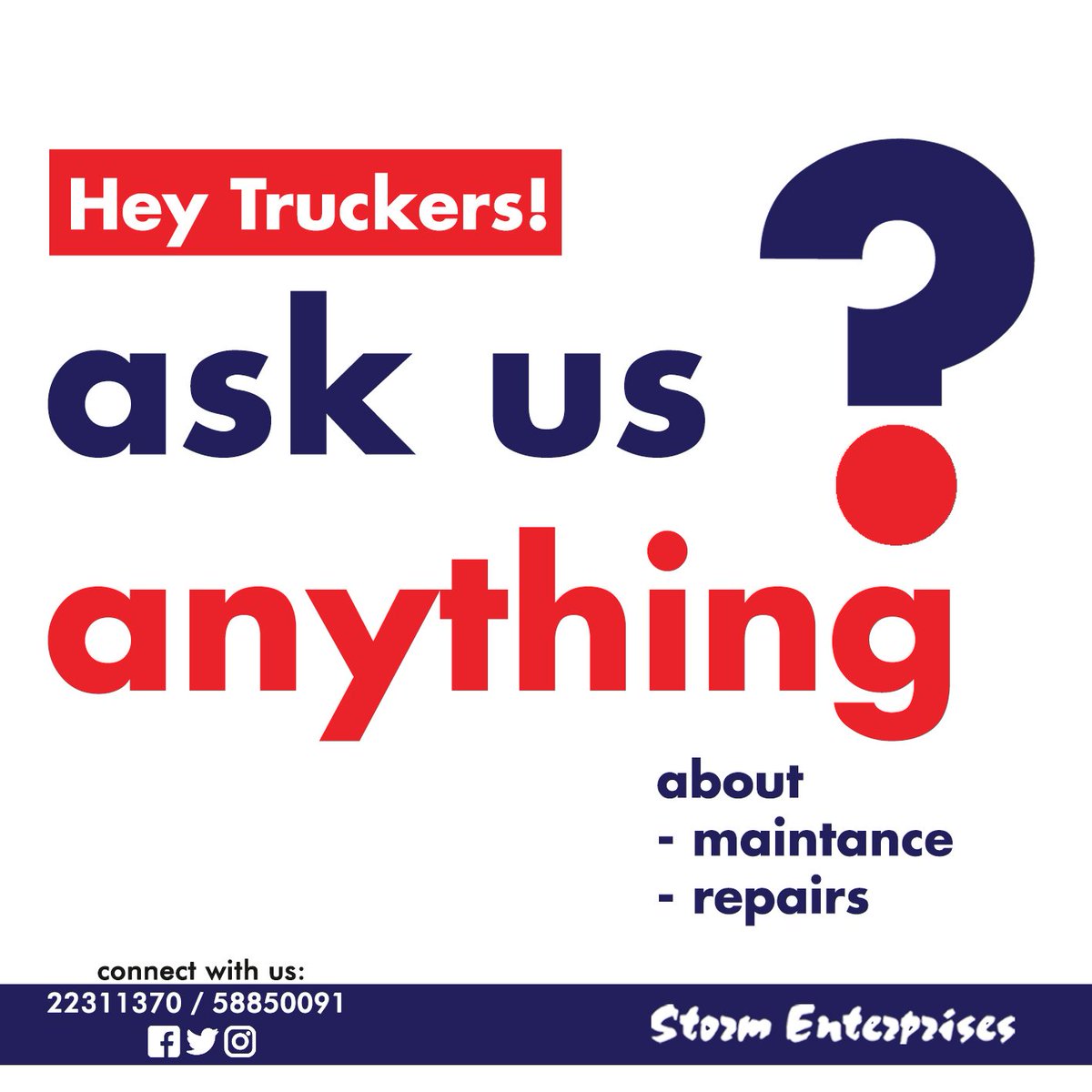 StormEnterpris5's tweet photo. Ask us anything! Whether its about maintenance advice or some serious garage diagnosis that only a machanic can answer/handle. Send us a massage, we'll be more than happy to help.
.
.
.
.
#truckrepairs #maintance #Lstwitter #motorgarage #stormenterprises https://t.co/qaaRe73AmK
