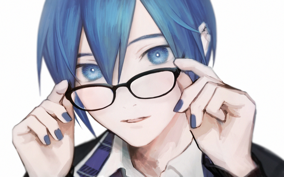 kaito (vocaloid) blue eyes blue hair solo 1boy male focus glasses blue nails  illustration images