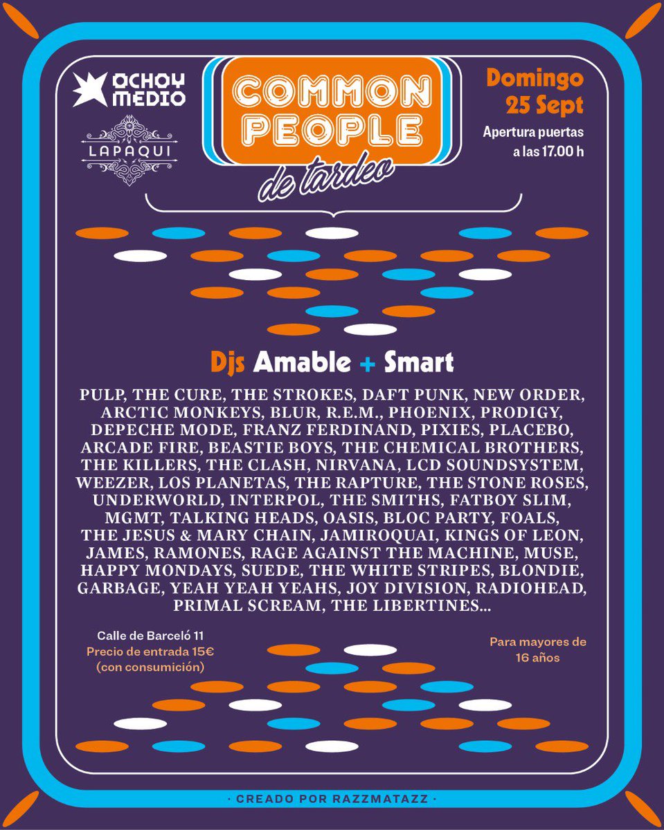 ¡El próximo 25 de septiembre llega a <a href="/ochoymedioclub/">Ochoymedio</a> desde <a href="/RazzmatazzClubs/">RazzmatazzClubs</a> COMMON PEOPLE, la fiesta de <a href="/amabledj/">Amable</a> con música indie de los 90 y los 00!💥

<a href="/david__SMART/">Smart</a> acompañará a Amable en este día especial 🤝🎸

Consigue ya tu entrada: 
bit.ly/twsesioncommon…