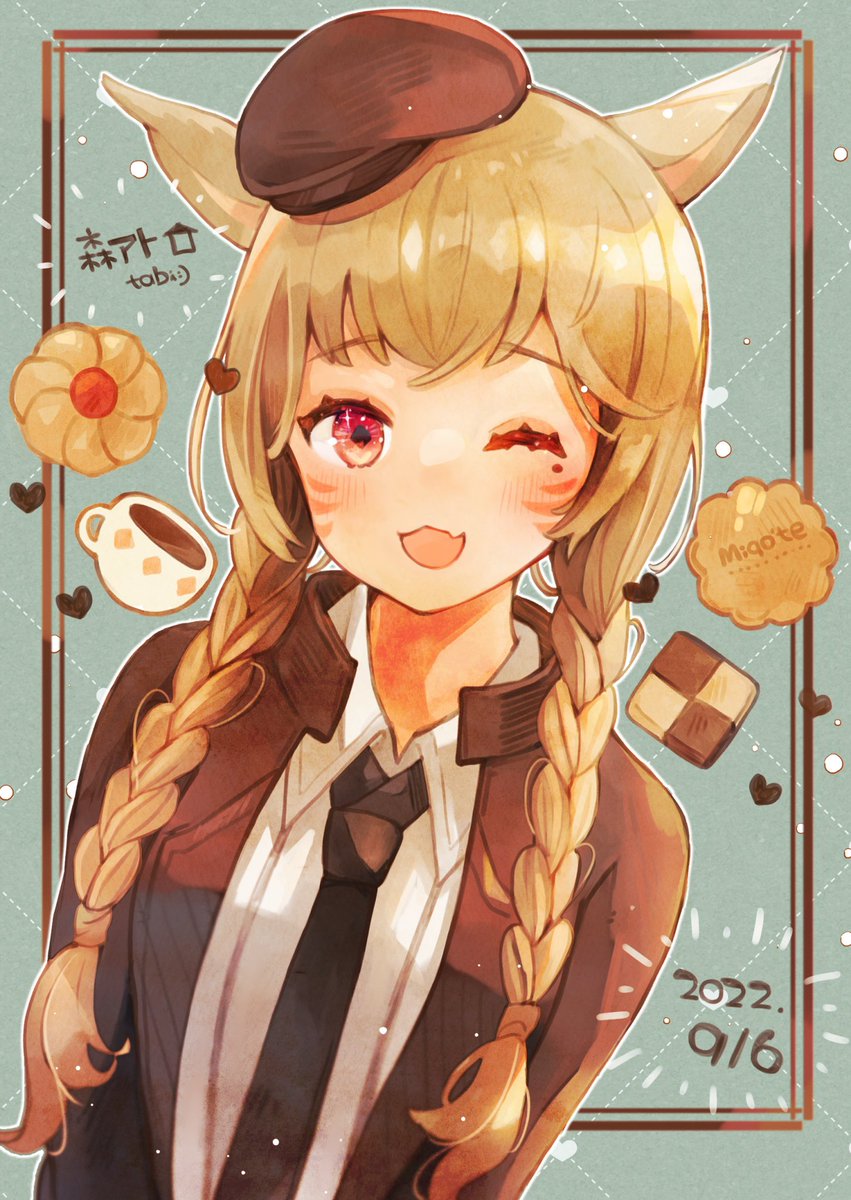 1girl miqo'te animal ears one eye closed necktie solo hat  illustration images