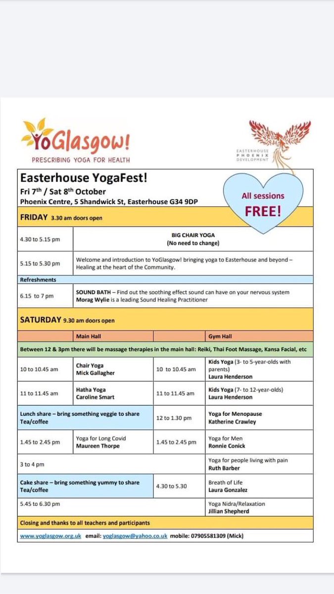 Yoglasgow are running wellbeing festival 6/7th October 2022 where I’ll be teaching a yoga class for people living with pain. All GP’s and link workers have been sent the info but anyone East End Glasgow based and can please spread the word FREE

<a href="/EasterhouseCSH/">Easterhouse CSH</a> <a href="/carolinephoenix/">Rising Phoenix</a>