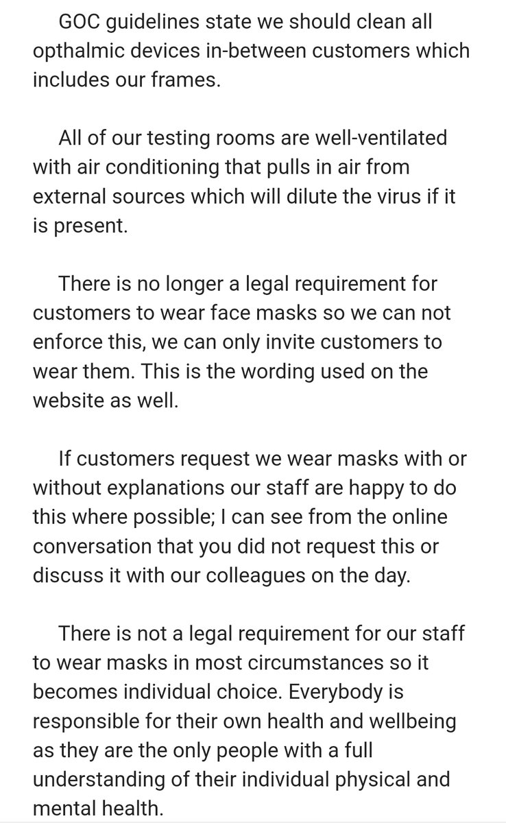 A reply from <a href="/Specsavers/">Specsavers</a>. Instead of protecting ALL customers during an ongoing pandemic that’s seen more deaths this summer than the previous two, they've bowed to pressure from those who *want the pandemic to be over* and see masks as a sign of *anxiety* 🙄

 #CovidIsNotOver 😷