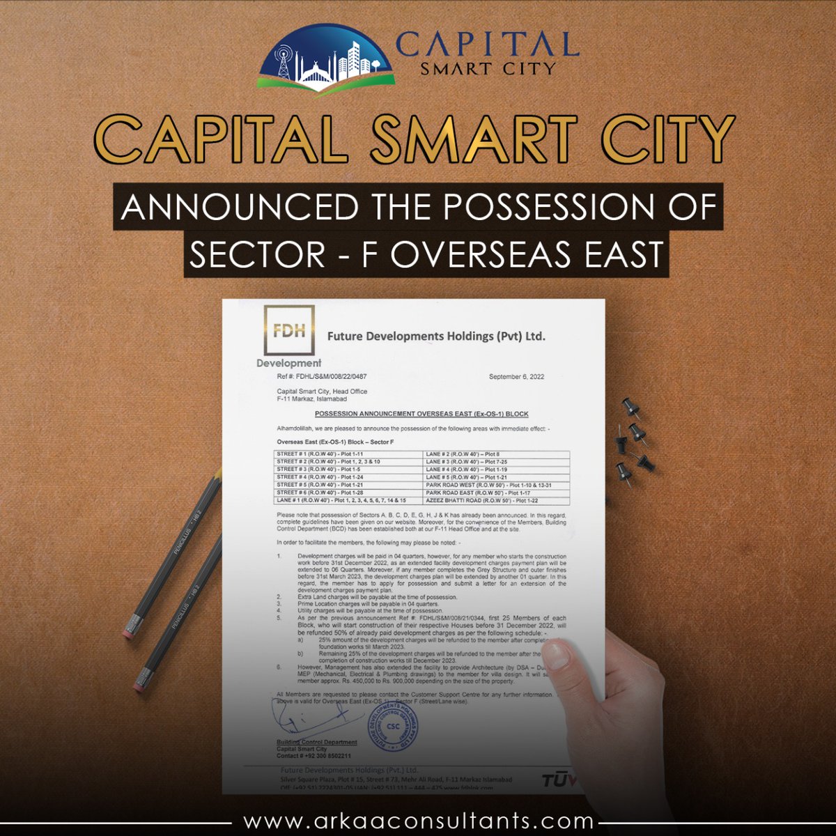 Arkaaconsultant's tweet photo. Capital Smart City are delighted to announce the possession of Sectors - A to H Overseas Prime - 1,
Sector - B (Executive Block - 1),
And lastly,  Sector - F Overseas East.
#arkaaconsultants #Arkaa #HRL #FDHL #capitalsmartcity #capitalsmartcitypossession #overseaseast #Possession https://t.co/oEaUp8sG8N