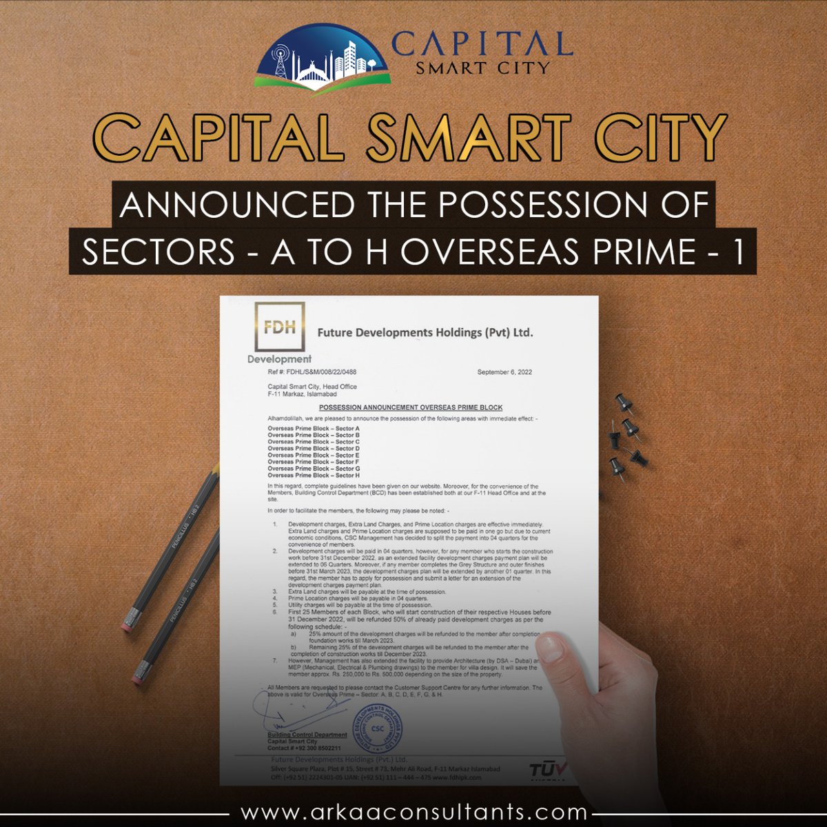 Arkaaconsultant's tweet photo. Capital Smart City are delighted to announce the possession of Sectors - A to H Overseas Prime - 1,
Sector - B (Executive Block - 1),
And lastly,  Sector - F Overseas East.
#arkaaconsultants #Arkaa #HRL #FDHL #capitalsmartcity #capitalsmartcitypossession #overseaseast #Possession https://t.co/oEaUp8sG8N