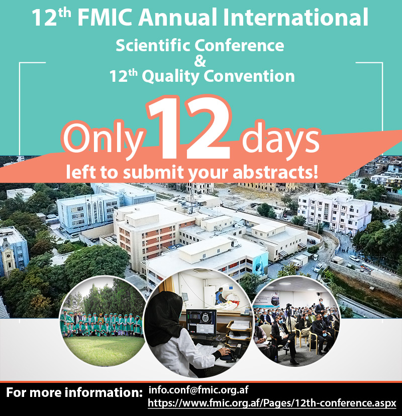 FMICKabul's tweet photo. #Call_For_Abstracts
#Only_12_days_left_to_submit_your_abstracts.
Therefore, we kindly ask you to submit your abstract to us via the below link before September 20, 2022.
https://t.co/4AEuDCTpCW
Submission Guidelines: https://t.co/ZfzKeLCy1D https://t.co/3vvBXc8ixC