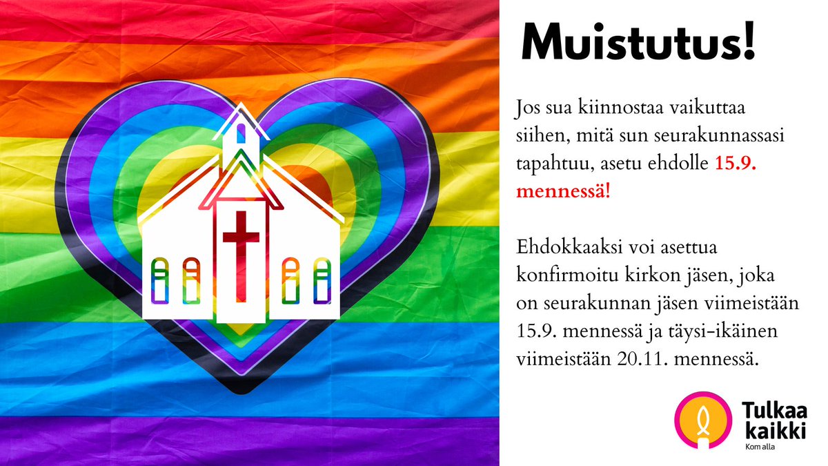 Alkaa olla viime hetket asettua ehdolle seurakuntavaaleissa. Rakennetaan yhdessä nykyaikaista, rakastavaa kirkkoa, joka kuuluu kaikille.

Jos et halua asettua ehdolle, muista käyttää ääntäsi, sillä seurakuntavaaleissa kaikki 16 vuotta täyttäneet saavat äänestää. Se on tärkeää. ❤️