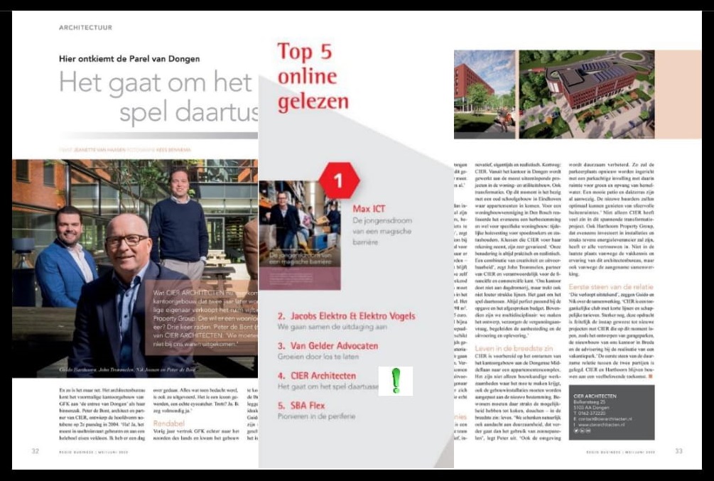 𝗪𝗢𝗪, 𝗪𝗘 𝗦𝗧𝗔𝗔𝗡 𝗜𝗡 𝗗𝗘 𝗧𝗢𝗣 𝟱!
We nemen plaats 4 in bij de ‘meest online gelezen artikelen’ van <a href="/RegioBusiness/">Regio Business</a>, daar zijn we trots op!
Het artikel gaat over de herbestemming van De Parel van Dongen naar appartementen. Lees het Artikel: lnkd.in/e39ZPHmf