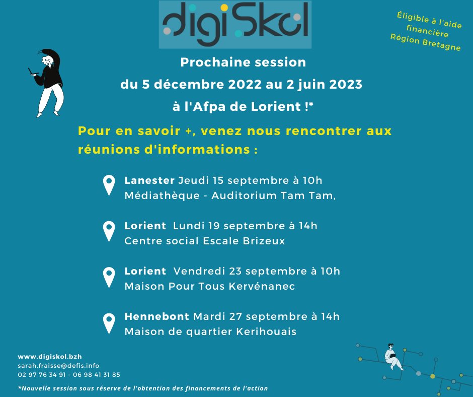 DigiSkol_bzh's tweet image. ✌️La nouvelle session débutera en décembre !
📅 Rencontres à la médiathèque de la @VilledeLanester, à la maison de quartier de #Kerihouais à @villehennebont et au centre social Escale Brizeux et à la Maison pour tous à @VilledeLorient 
#formation #numérique @AssoDefis #Lorient