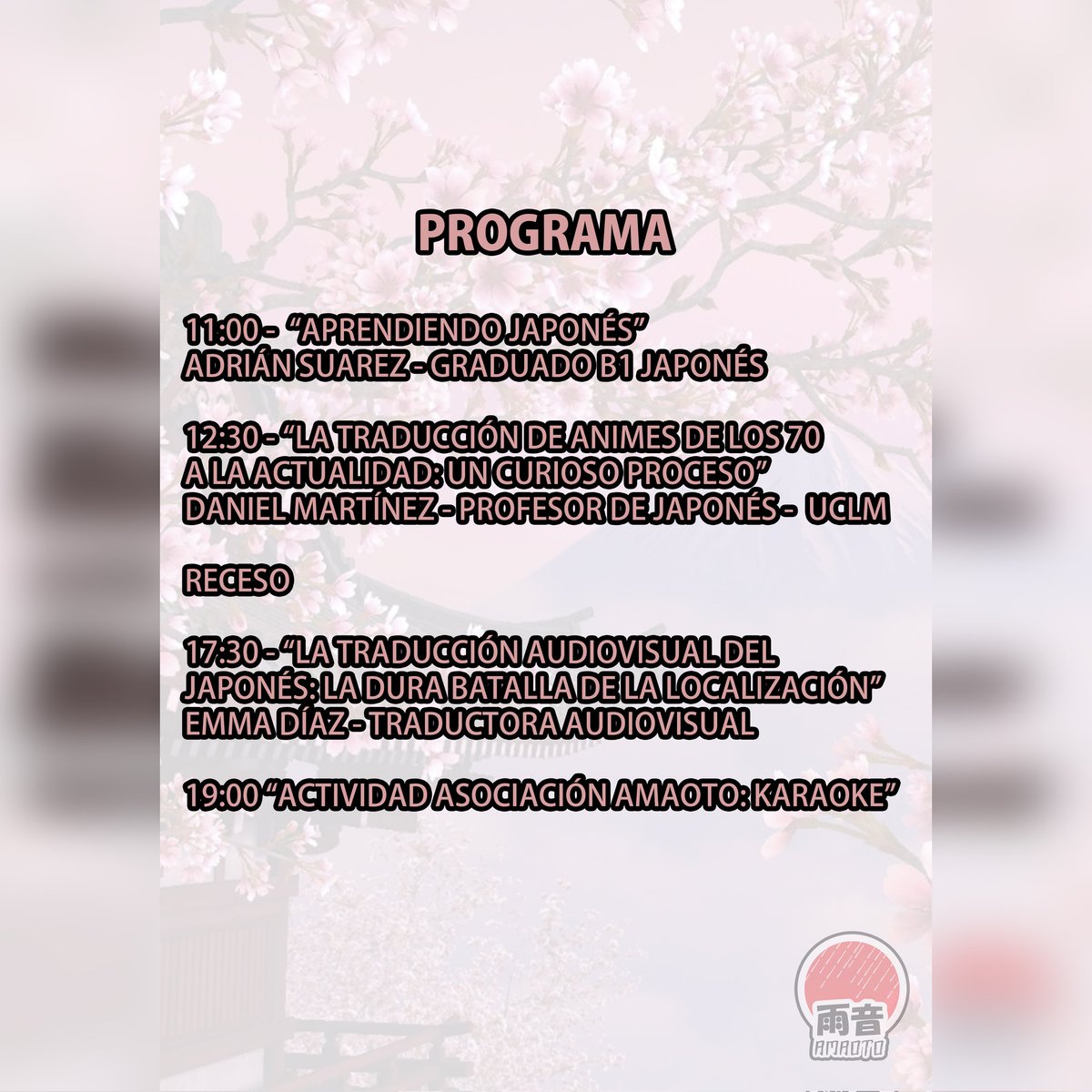 El sábado 24 de septiembre ofreceremos en la Casa de la Ciudad (Parque Gasset, antiguo IMPEFE) el seminario Japonés: Enseñanza, traducción y aprendizaje. Totalmente gratuito. Hablaremos desde el aprendizaje del idioma a la traducción del mismo en los #anime
Programa en la imagen: