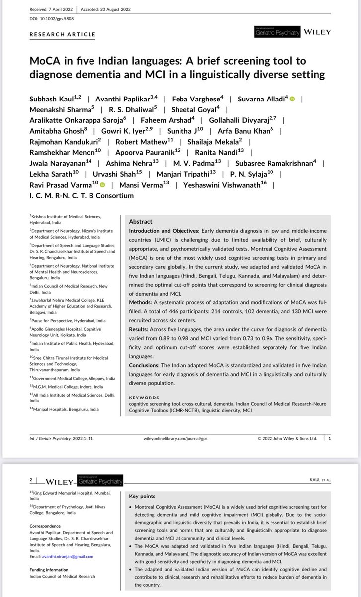 MoCA is now available in 5 Indian languages (Hindi, Bengali, Telugu, Kannada, Malayalam) for early diagnosis of dementia and MCI. Checkout our new publication in International Journal of Geriatric Psychiatry <a href="/alladi_suvarna/">Suvarna Alladi</a> <a href="/ICMRDELHI/">ICMR</a> <a href="/ncdirindia/">ICMR- NCDIR</a> <a href="/feba_1995/">Feba Varghese</a>