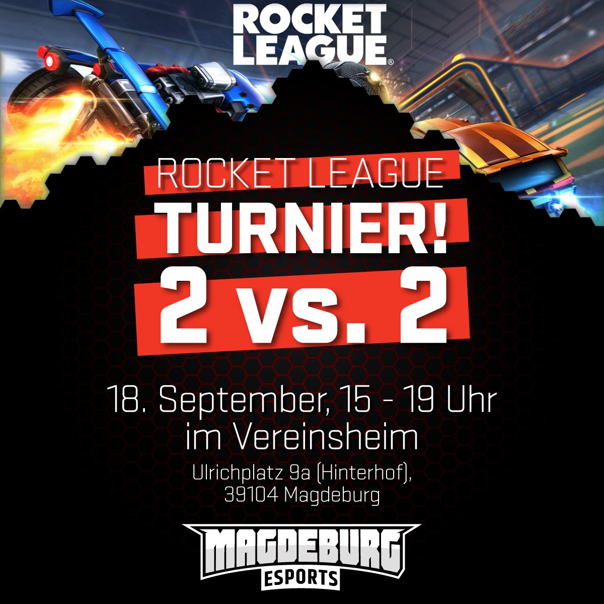 eSports_MD's tweet photo. Schon in den Startlöchern für unser  #RocketLeague Turnier? Zwei Personen bilden ein Team, Anmeldung kostet nichts, muss aber bis zum Tag des Turnieres, 14 Uhr erfolgen. Verpflegung gibt’s vor Ort, Spendenkasse steht bereit! 😉
Anmelden, weitersagen!
#magdeburg #esports #gaming https://t.co/du1XDOPwA2