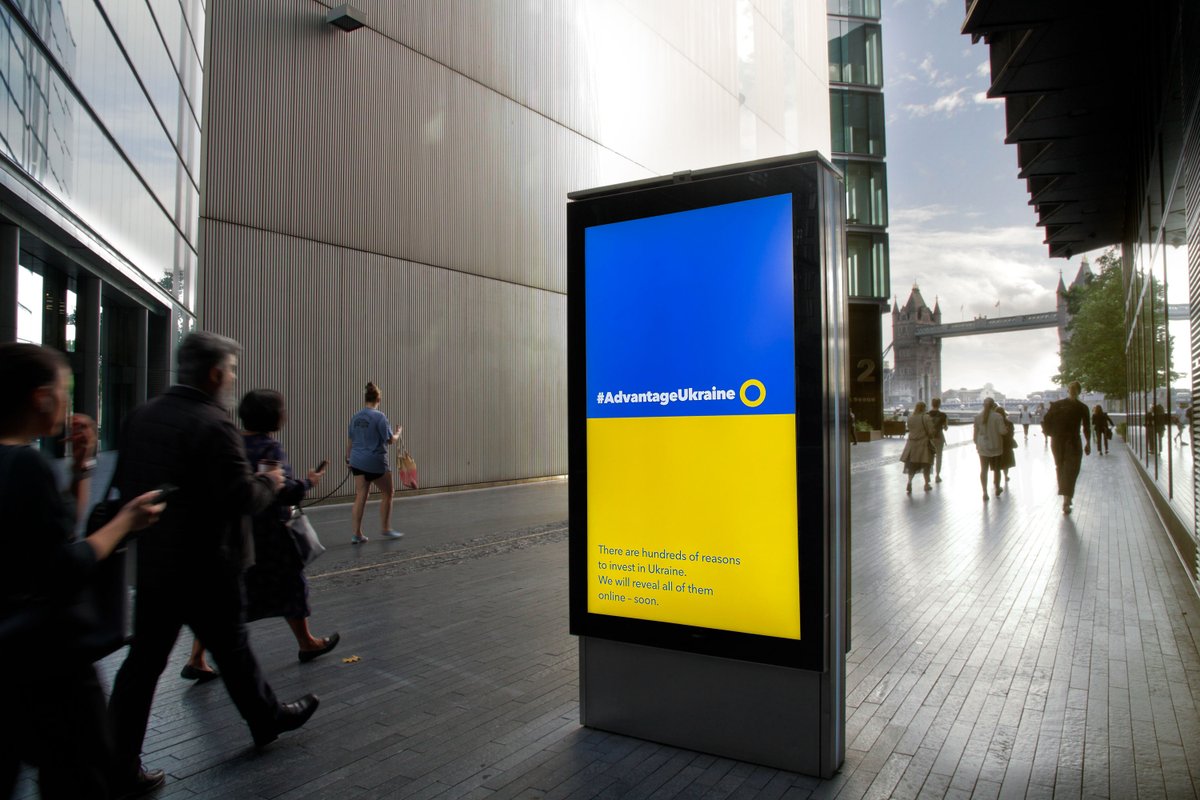 We are delighted to support <a href="/WPP/">WPP</a>'s #AdvantageUkraine campaign on our #DOOH office media network in the UK, France, Germany and Belgium. The aim of the campaign was to reach global CEOs to attract investment into #Ukraine and help rebuild its economy. With thanks to <a href="/KineticOOH/">Kinetic</a>