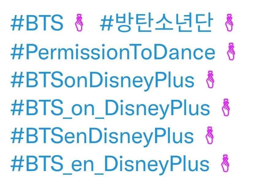 btschartsxdaily's tweet photo. New Emoji Hashtags!

#BTS #방탄소년단 
#PermissionToDance 
#BTSonDisneyPlus 
#BTS_on_DisneyPlus 
#BTSenDisneyPlus 
#BTS_en_DisneyPlus https://t.co/hAl3HtaQC1