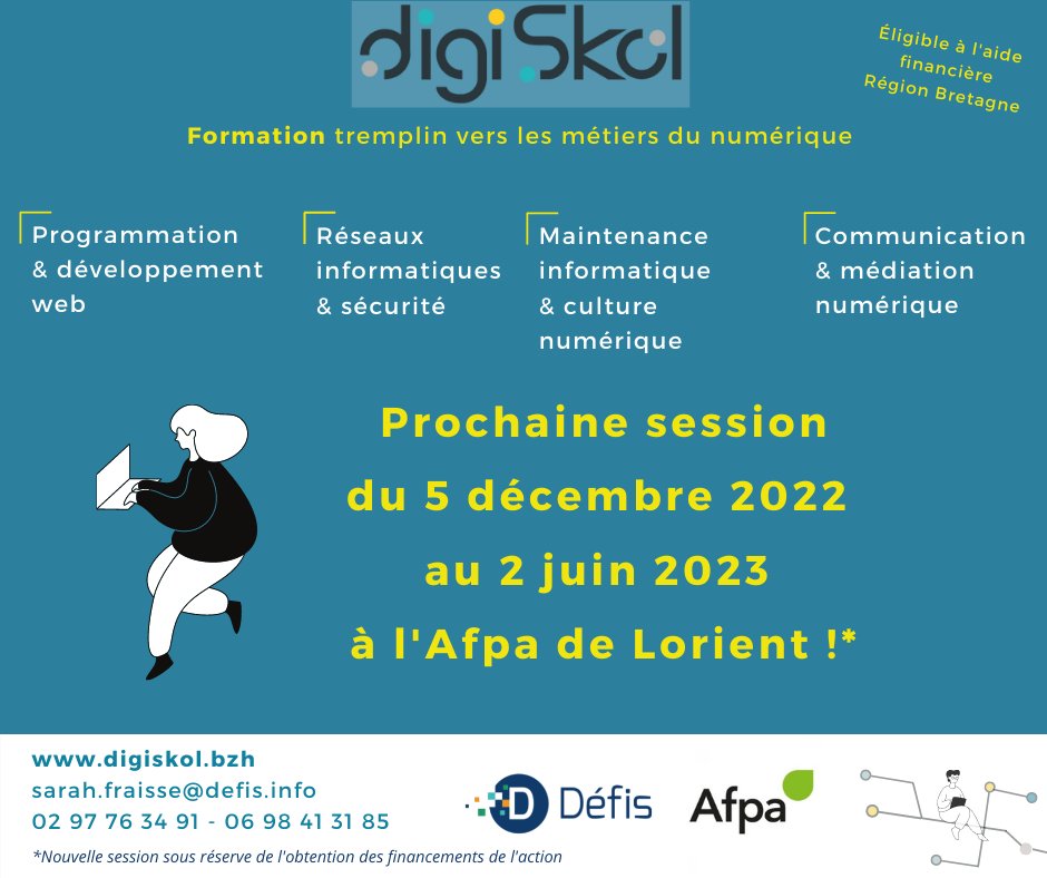 DigiSkol_bzh's tweet image. ✌️La nouvelle session débutera en décembre !
📅 Rencontres à la médiathèque de la @VilledeLanester, à la maison de quartier de #Kerihouais à @villehennebont et au centre social Escale Brizeux et à la Maison pour tous à @VilledeLorient 
#formation #numérique @AssoDefis #Lorient