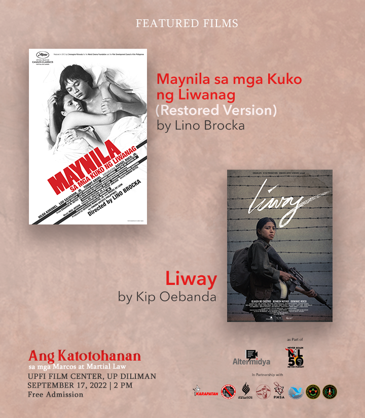 🎥 LIBRENG PELIKULA PARA SA LAHAT SA UPFI Film Center🎥

Para sa ikatlong lunsad ng 'AlternaTV: Ang Katotohanan sa mga Marcos at Martial Law' @ #ML50, dalawang multi-awarded films ang libreng ipapalabas ng <a href="/altermidya/">AlterMidya</a>! 

Markahan na ang September 17, 2PM sa inyong mga kalendaryo!