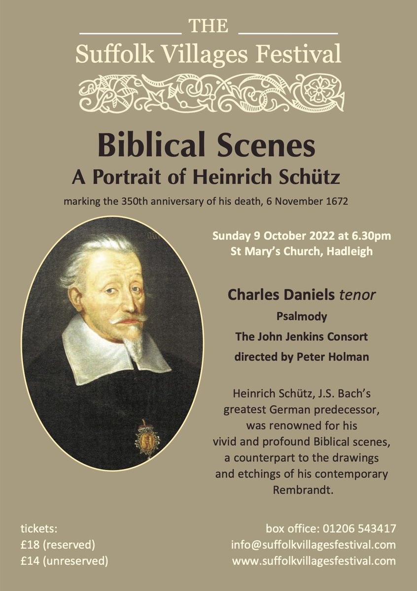 Biblical Scenes: A Portrait of Heinrich Schütz
visithadleighsuffolk.co.uk/event/biblical…
Heinrich Schütz, J.S. Bach’s greatest German predecessor, was renowned for his vivid and profound Biblical scenes, a counterpart to the drawings and etchings of his contemporary Rembrandt...