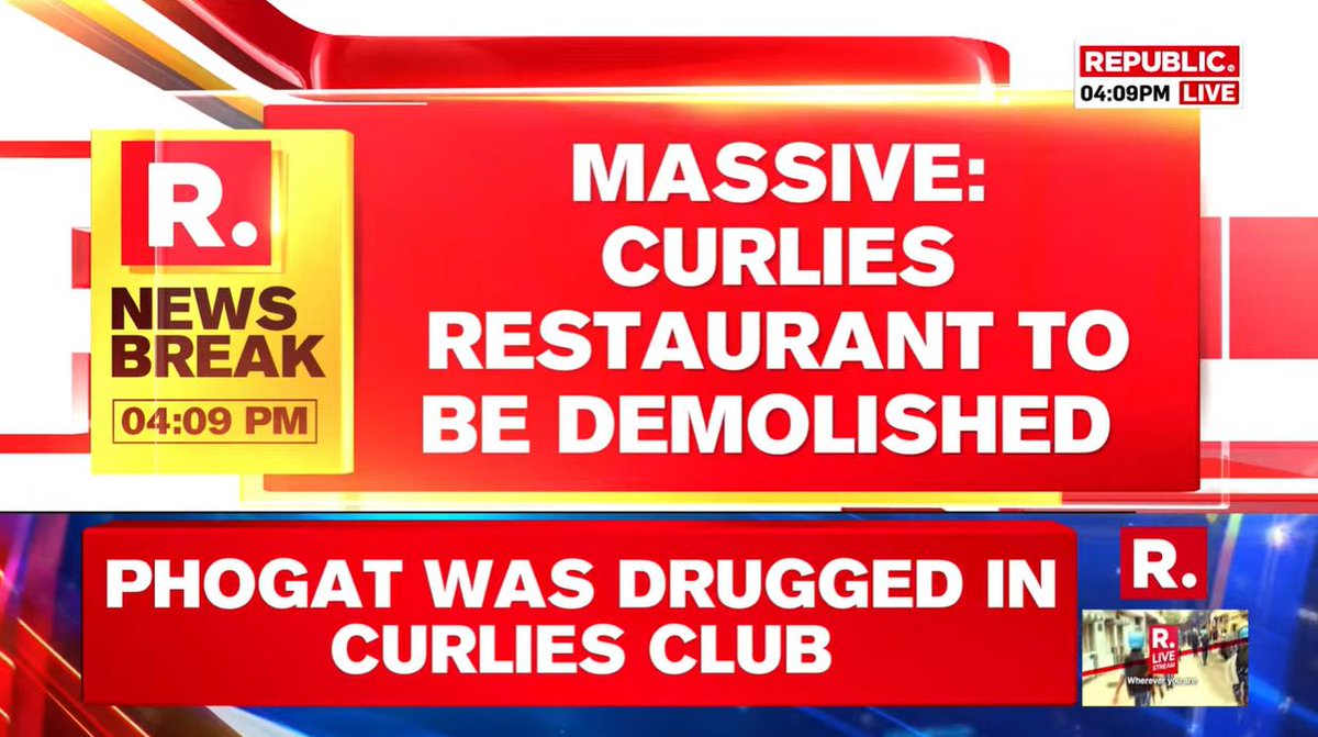 republic's tweet photo. #BREAKING | In a massive move, the restaurant where Sonali Phogat was drugged set to be demolished.

Tune in - https://t.co/fyBXoa0vac https://t.co/9MluLCg5kD