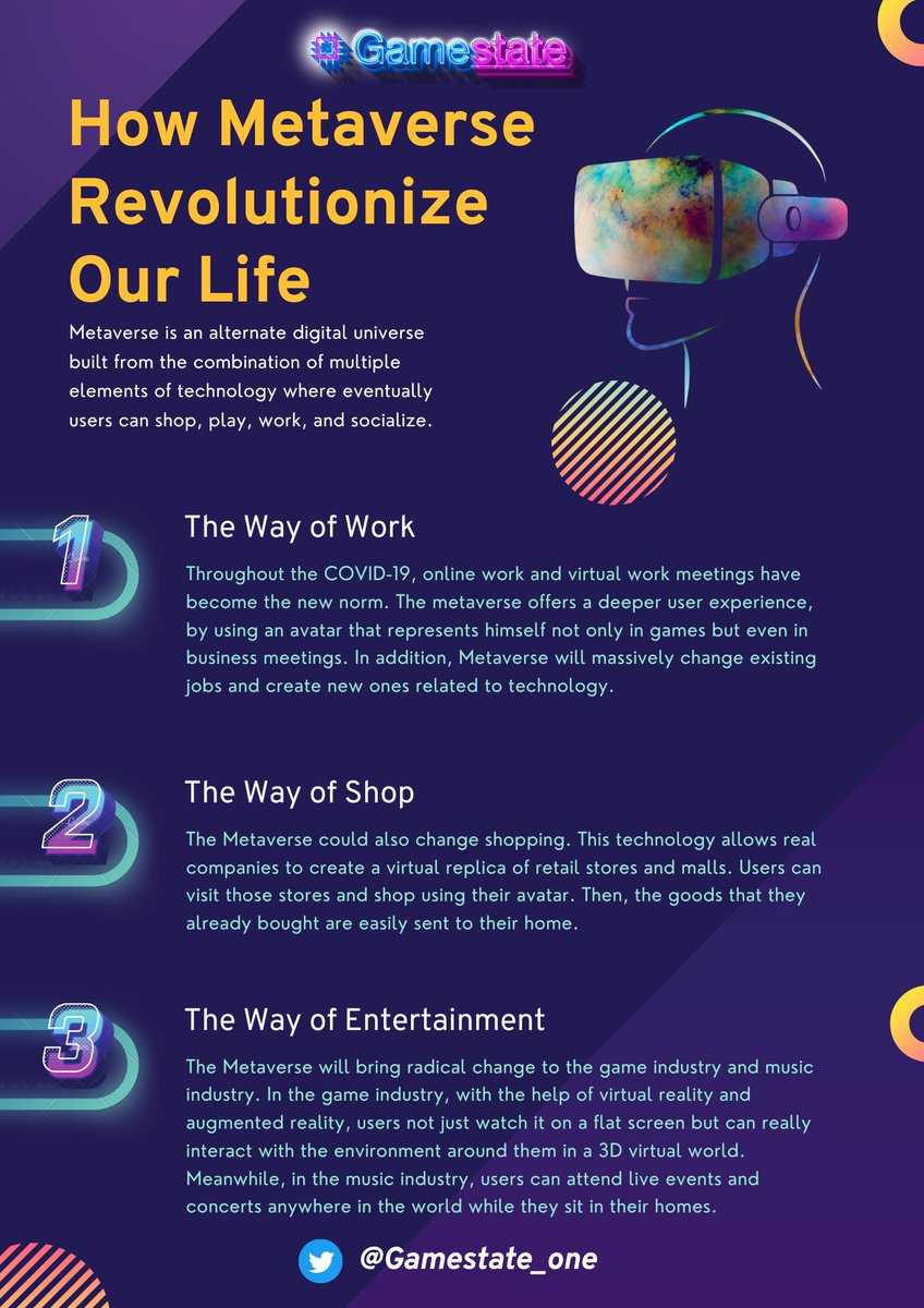 Gamestate_one's tweet photo. How Metaverse Revolutionize Our Life.
#EventVerse #NFT #Web3 #GameFI #SocialFi #P2E #3D #Creators #Metaverse #MetaverseNFT #NFTCommunity #NFTGiveaway https://t.co/Xac7KoWiZO