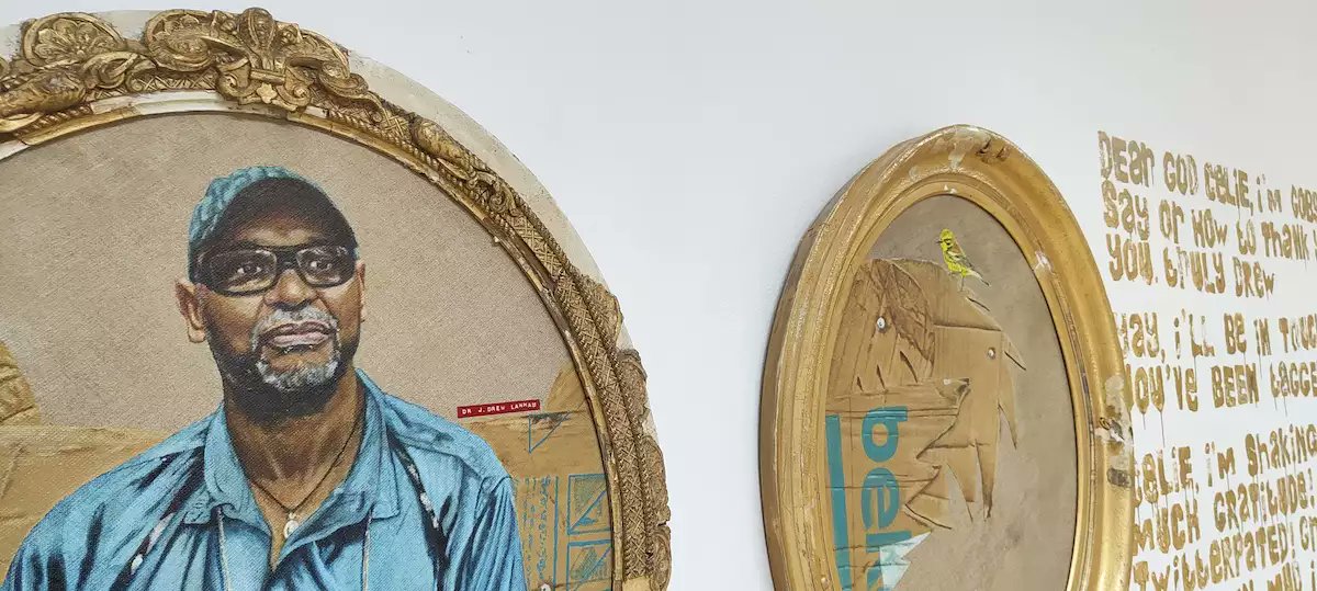 DJCAD's tweet image. Celie Byrne, MFA Fine Art, has been a working artist for many years. Celie&apos;s varied Masters Show exhibition ranges from ‘sparkly swears’ inspired by her parents, to portraits of viral birdwatchers. Watch her interview here: youtu.be/1p_Rt-zHf0Q 

#djcadMastersShow