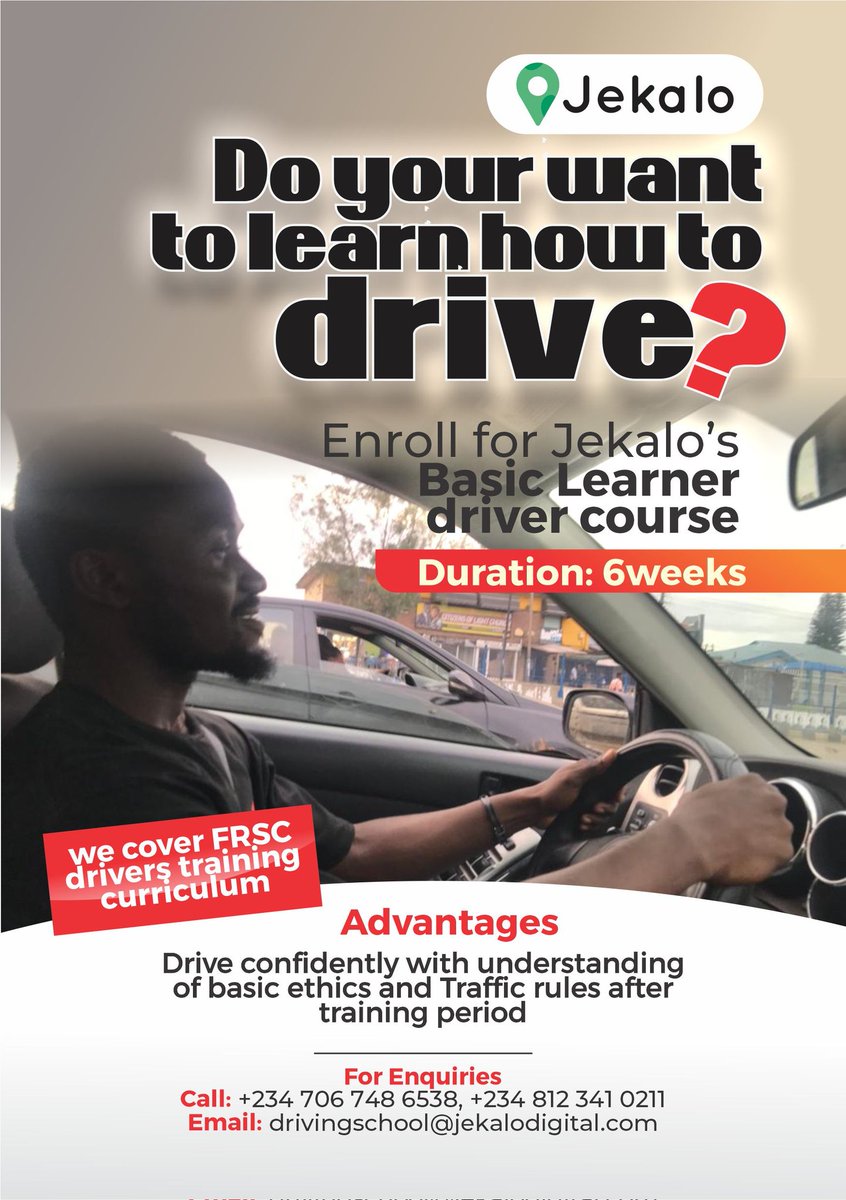 Learn a basic drivers course from qualified and certified professionals.

A classroom course on driving and road safety

30,000 naira per person

For just one month

Students should come with a book and pen. 

Call: (234) 706 748 6538