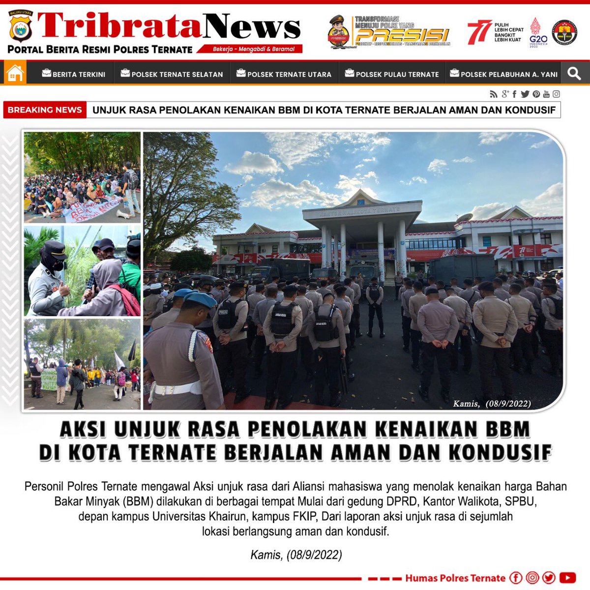 HumasResTernate's tweet photo. AKSI UNJUK RASA PENOLAKAN KENAIKAN BBM DI KOTA TERNATE BERJALAN AMAN DAN KONDUSIF

@divisihumaspolri @dutahumaspoldamalut
@humaspoldamalut @polisiselebriti
#poldamalut #malukuutara #ternatecity #ternate #tidore #tobelo #maba #bacan #morotai #jailolo #weda #sanana #taliabu https://t.co/YK77wEPyb1