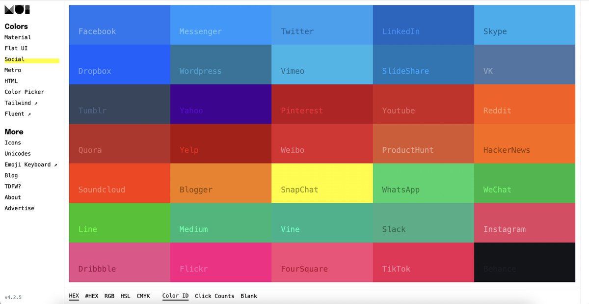 webliker_info's tweet photo. 著名SNSやサービスのメインカラーコードがコピペできるサイト

SNSボタンを作成する時に重宝します👍

https://t.co/xUMXvh1up0 https://t.co/Bo7fEDjSeR