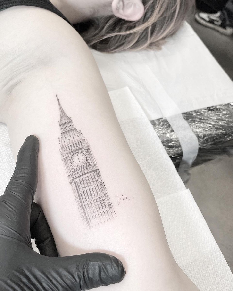 Minimalistic fine line London skyline tattoo located on